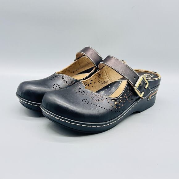 Spring Step L'Artiste Shoes Womens 9 Black Leather Aneria Mary Jane Wedge Clog - Picture 4 of 13